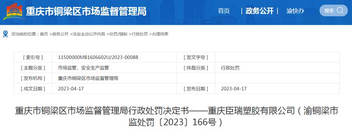 关于重庆臣瑞塑胶有限公司的行政处罚决定书（渝铜梁市监处罚〔2023〕166号）