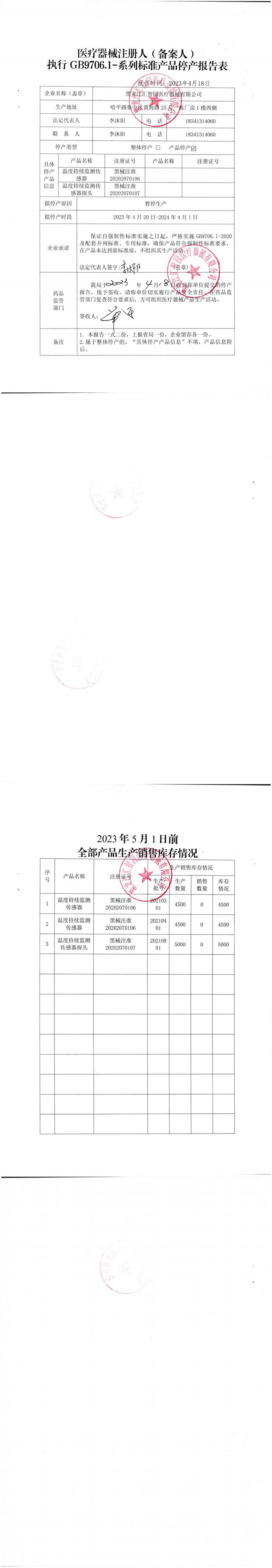 停产报告表（黑龙江省汇智园医疗器械有限公司）