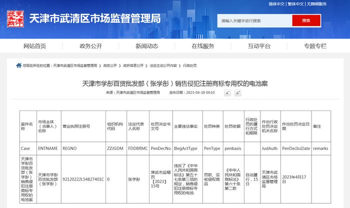 天津市一百货批发部销售侵犯注册商标专用权的电池被处罚