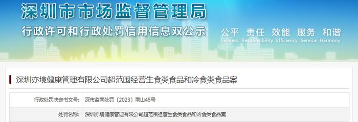 深圳亦境健康管理有限公司超范围经营生食类食品和冷食类食品案