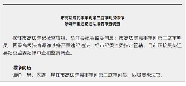 重庆市高法院民事审判第三庭审判员谭铮接受审查调查