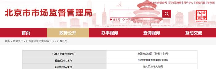 北京伊美康医疗美容门诊部被罚款100000元