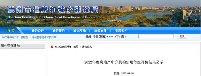 山东省德州市​2022年度房地产中介机构信用等级评价结果公示