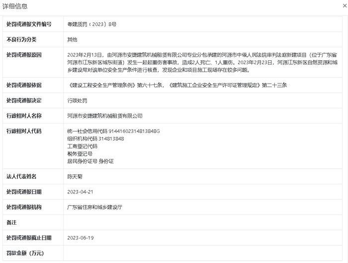 违反《建设工程安全生产管理条例》规定 河源市安捷建筑机械租赁有限公司被罚