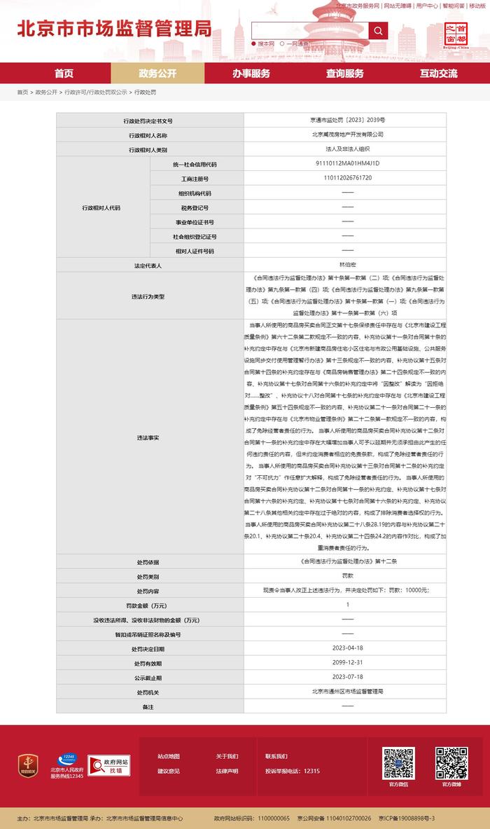 北京禹茂房地产开发有限公司被罚款10000元