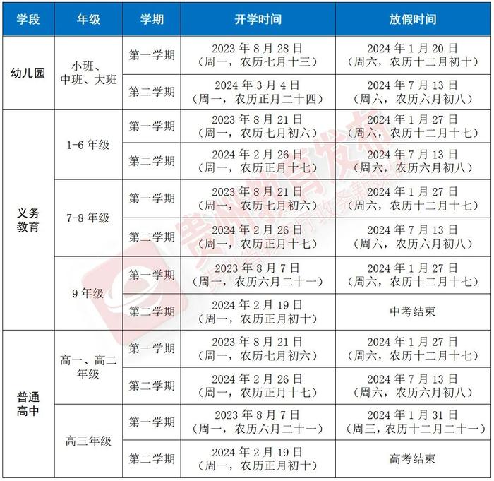 贵州省2023-2024学年中小学（幼儿园）开学放假时间公布