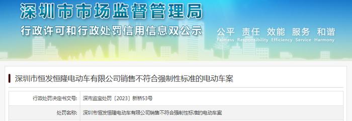 深圳市恒发恒隆电动车有限公司销售不符合强制性标准的电动车被罚款1800元