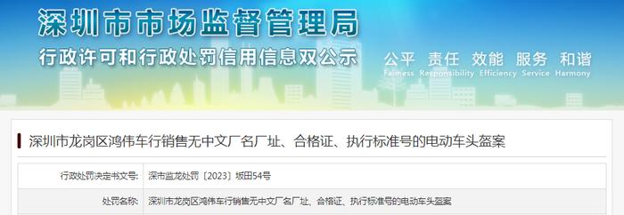 深圳市龙岗区鸿伟车行销售无中文厂名厂址、合格证、执行标准号的电动车头盔案