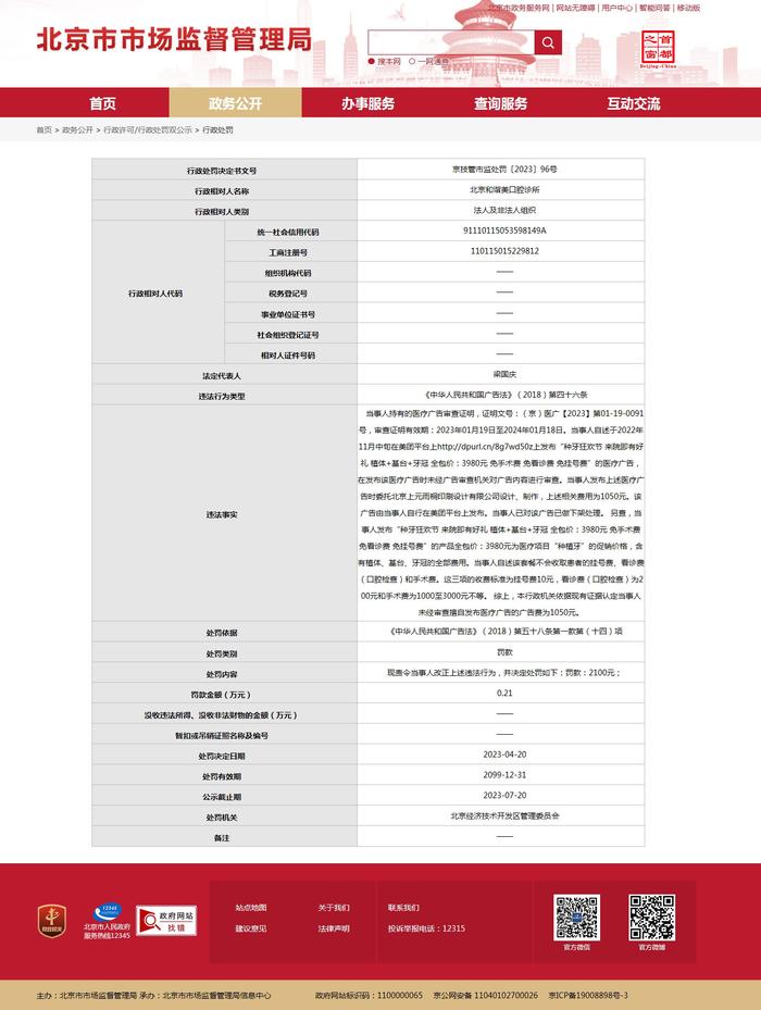 北京经济技术开发区管理委员会对北京和谐美口腔诊所作出行政处罚