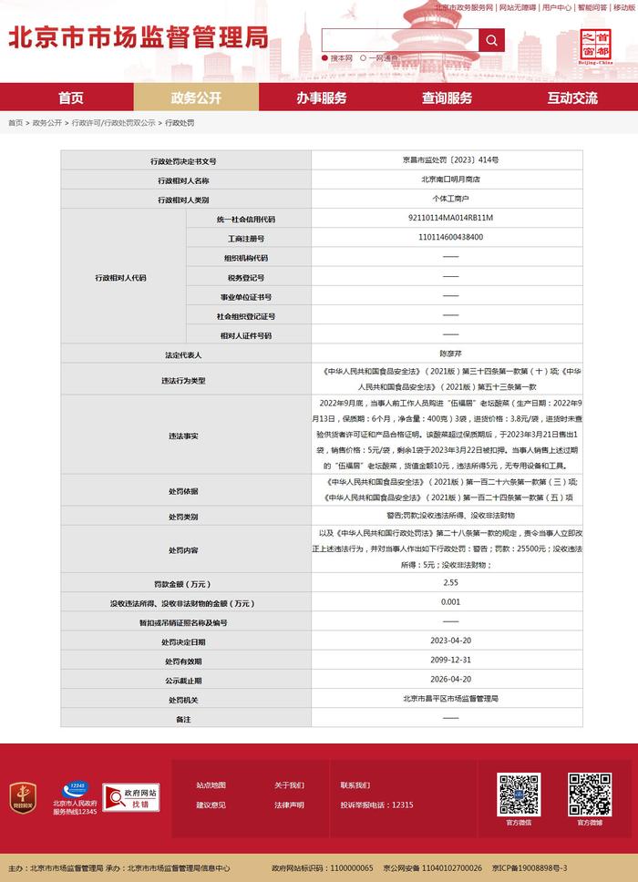 北京市昌平区市场监督管理局对北京南口明月商店作出行政处罚