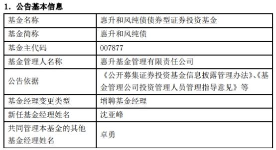 惠升基金4只债券基金增聘基金经理沈亚峰