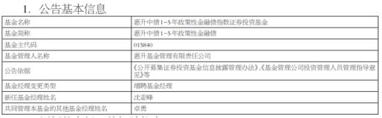 惠升基金4只债券基金增聘基金经理沈亚峰