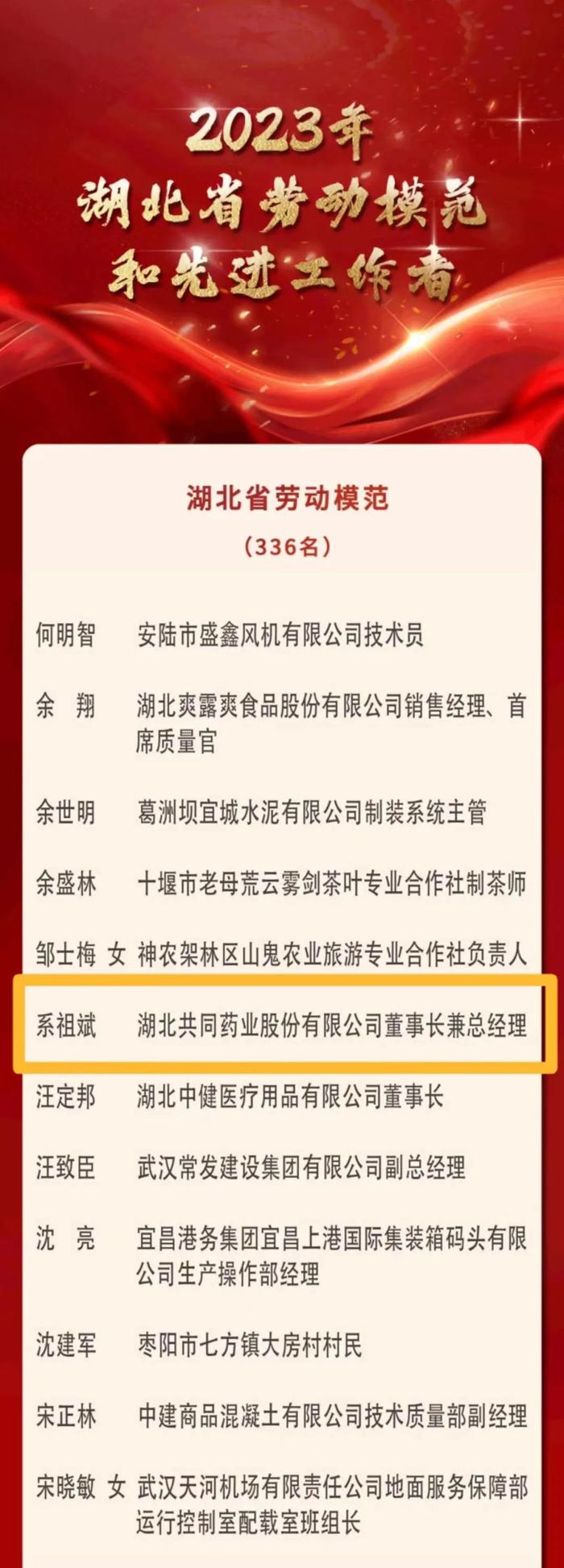 共同药业董事长系祖斌获评为2023年湖北省劳动模范