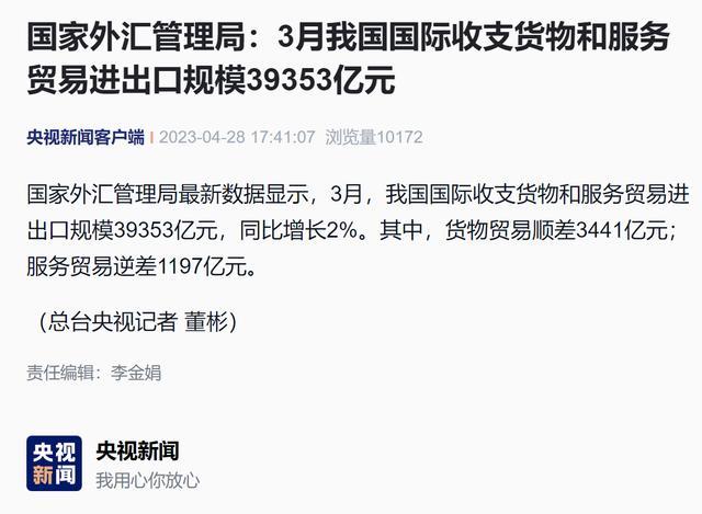 国家外汇管理局：3月我国国际收支货物和服务贸易进出口规模39353亿元