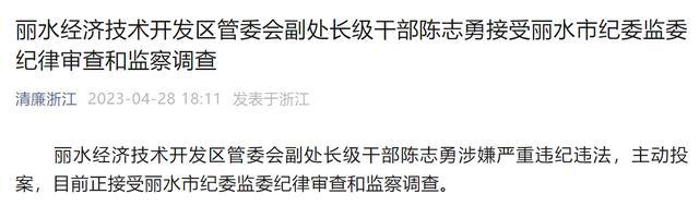 主动投案！浙江丽水经济技术开发区管委会副处长级干部陈志勇接受审查调查