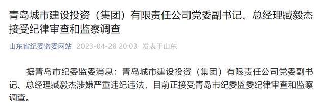 青岛城市建设投资（集团）党委副书记、总经理臧毅杰接受审查调查