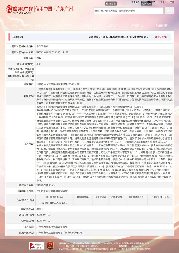 销售侵犯注册商标专用权商品 广州市天河区新塘粤豪烟酒店被罚