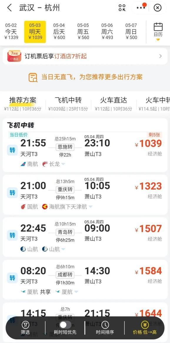 五一后机票价格大幅下降，杭州飞三亚2800元降到280元