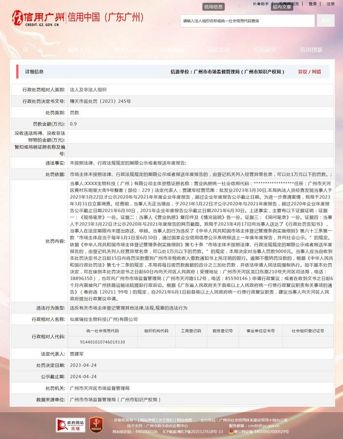 仙度瑞拉生物科技(广州)有限公司被罚款9000元