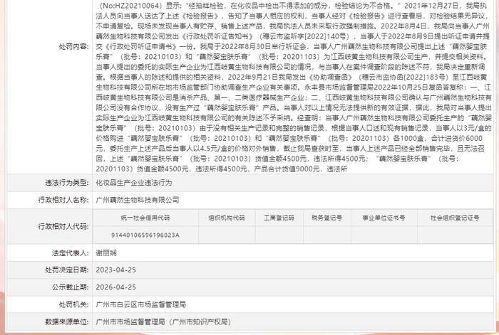 关于对广州藕然生物科技有限公司行政处罚信息（穗云市监处罚〔2023〕479号）