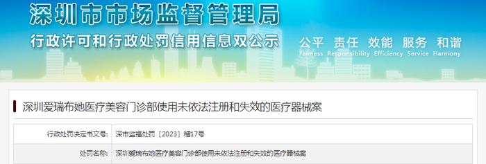 深圳爱瑞布她医疗美容门诊部使用未依法注册和失效的医疗器械被罚款50000元