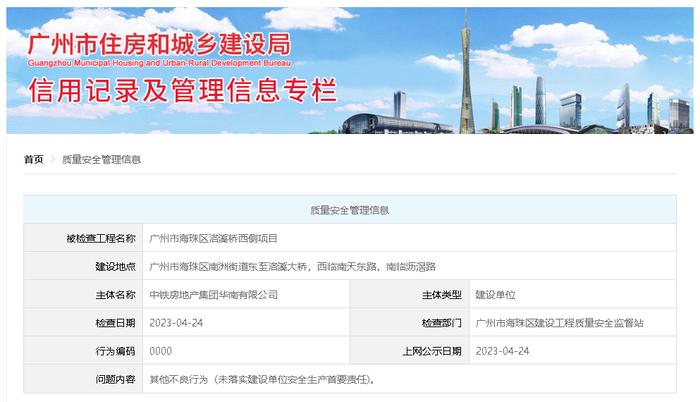 中铁房地产集团华南有限公司因质量安全问题被公示