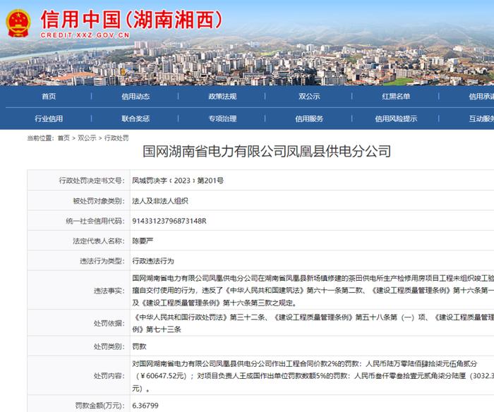 工程未组织竣工验收擅自交付使用  国网湖南省电力有限公司凤凰县供电分公司被罚6万余元