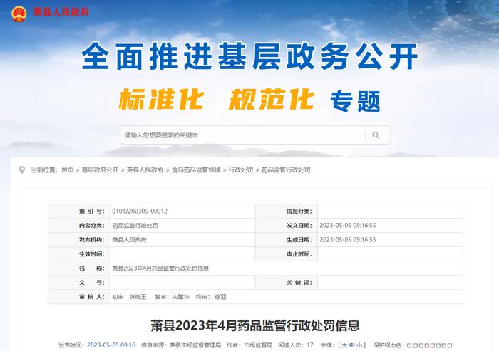 安徽省萧县公布2023年4月药品监管行政处罚信息