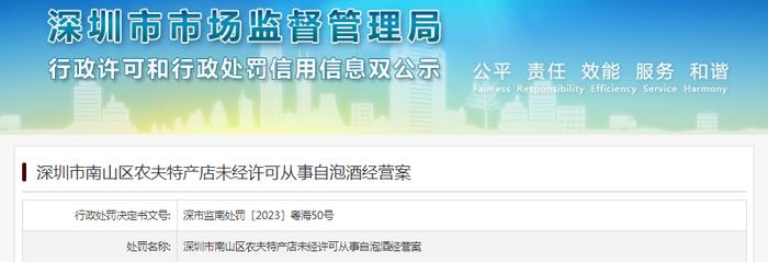 深圳市南山区农夫特产店未经许可从事自泡酒经营被罚款5000元