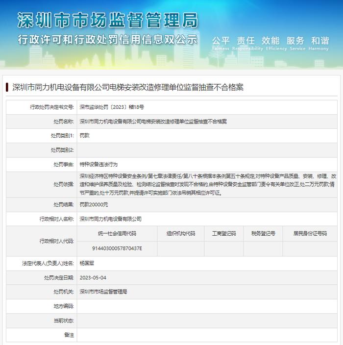 深圳市同力机电设备有限公司电梯安装改造修理单位监督抽查不合格案