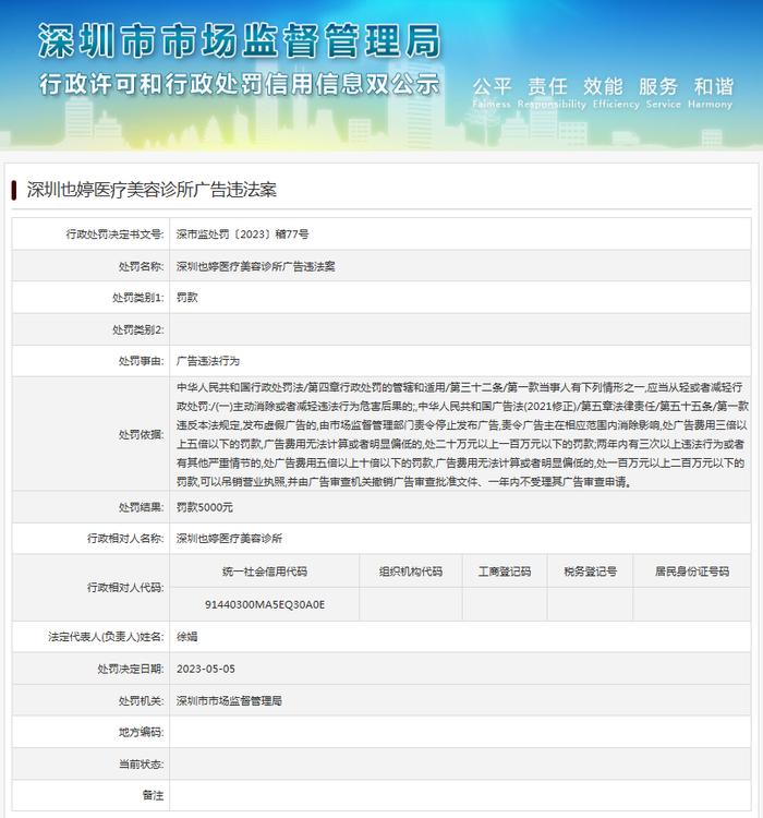 深圳也婷医疗美容诊所广告违法案