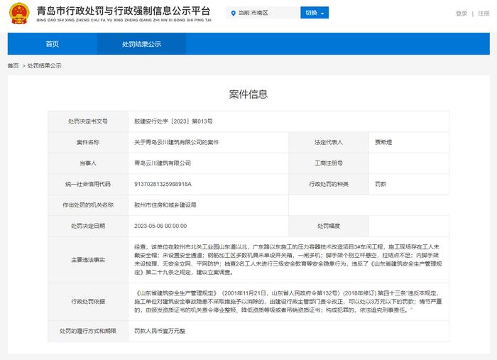 青岛云川建筑有限公司因施工现场存在多项安全隐患被罚1万元