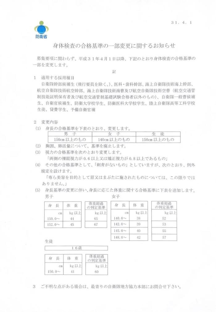 2019年4月1日,日本防卫省发布公告,调整自卫队招募体检标准 图片来源:日本防卫省