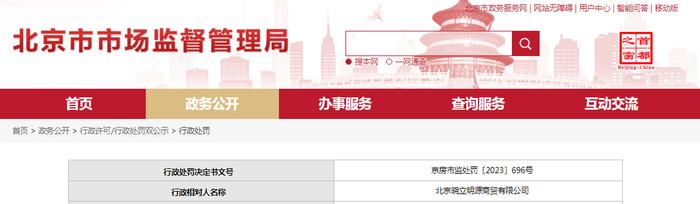 关于对北京晓立明源商贸有限公司行政处罚信息（京房市监处罚〔2023〕696号）