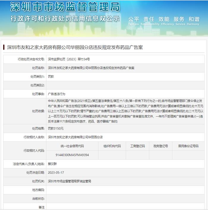 深圳市友和之家大药房有限公司华丽园分店违反规定发布药品广告被处罚