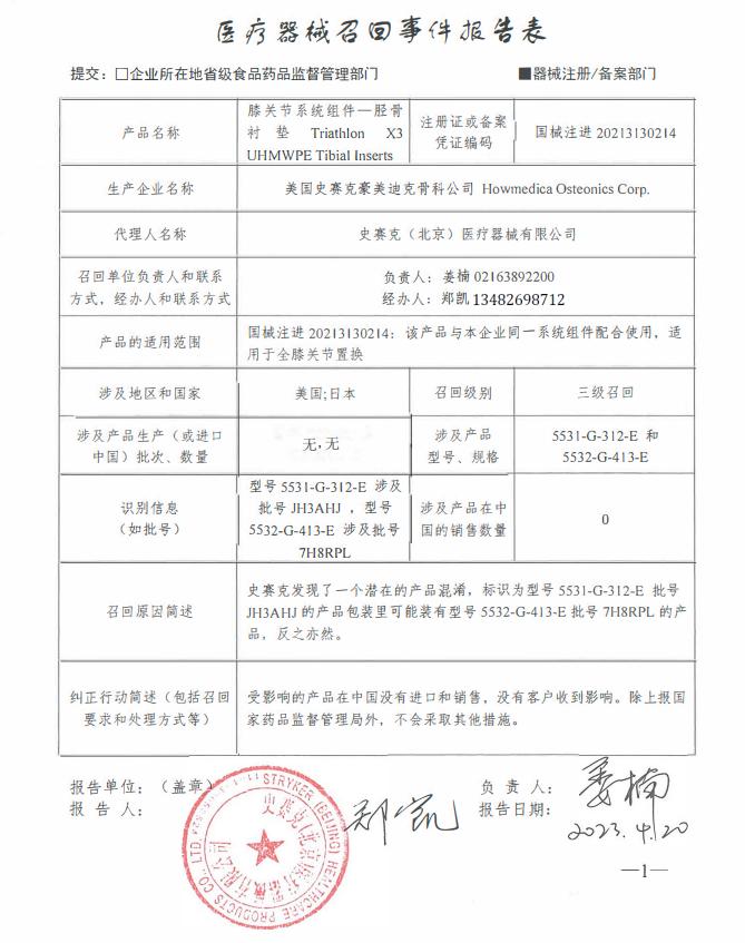 美国史赛克豪美迪克骨科公司Howmedica Osteonics Corp.对膝关节系统组件—胫骨衬垫主动召回