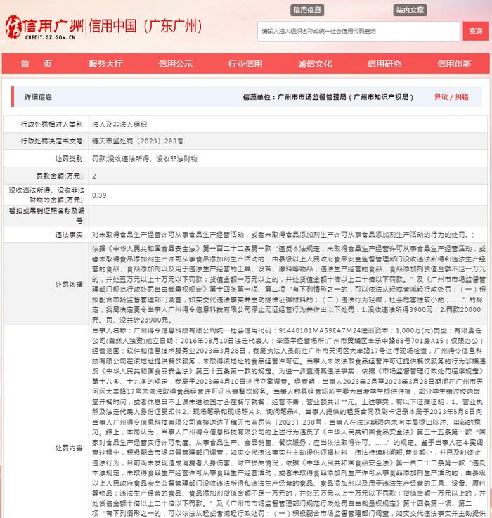 关于对广州得令信息科技有限公司行政处罚信息（穗天市监处罚〔2023〕293号）