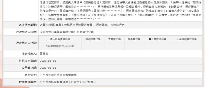 关于对深圳市专心美美容有限公司广州高德分公司行政处罚信息（穗天市监处罚〔2023〕295号）