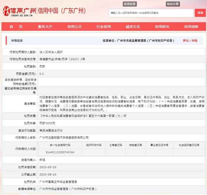 广州市龙星翔鹏汽车销售服务有限公司被罚款3000元