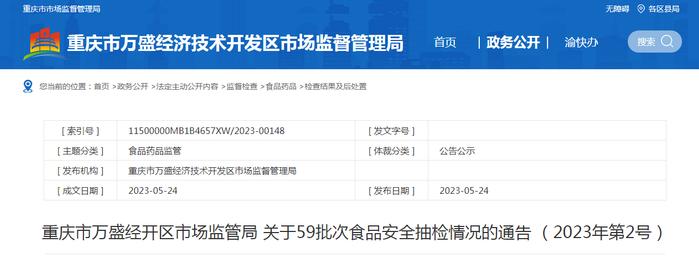 重庆市万盛经开区市场监管局关于59批次食品安全抽检情况的通告（2023年第2号）