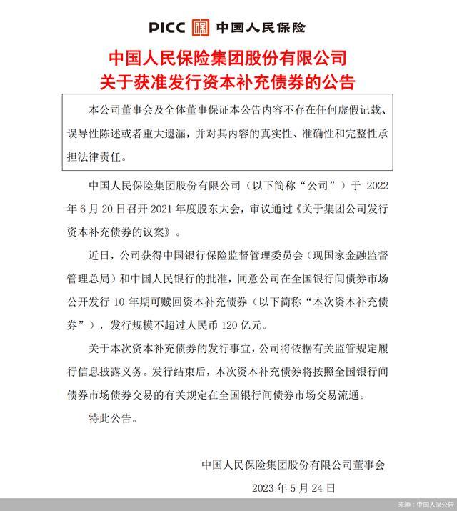 中国人保：获批发行不超过120亿元资本补充债券