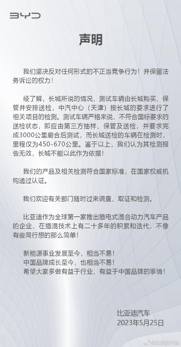 比亚迪：长城汽车出具的检测报告无效 不能以此作为依据