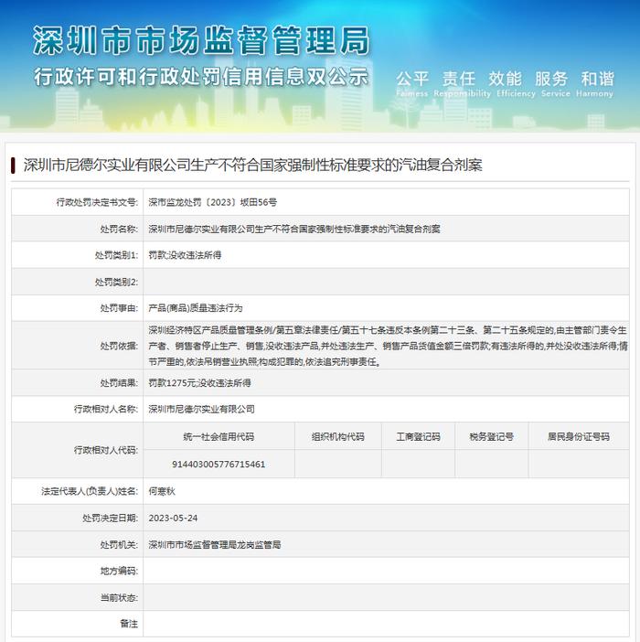 深圳市尼德尔实业有限公司生产不符合国家强制性标准要求的汽油复合剂案