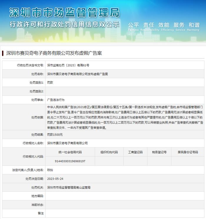 发布虚假广告  深圳市赛贝奇电子商务有限公司被罚款1500元