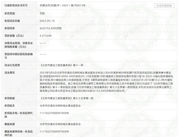 违反《北京市建设工程质量条例》  北京昊云建筑工程有限公司被罚2.2万元