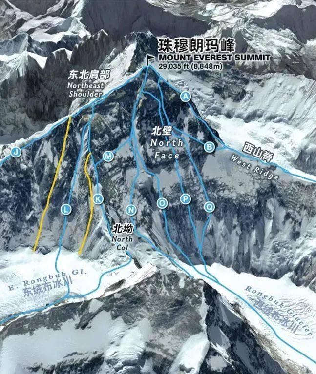▲珠峰北壁,K为1960年中国队登顶路线,即北坡传统路线。图片来源/alanarnette 翻译/户外探险