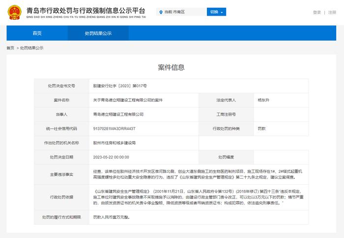 施工现场存在重大安全隐患  青岛德立翔建设工程有限公司被罚1万元