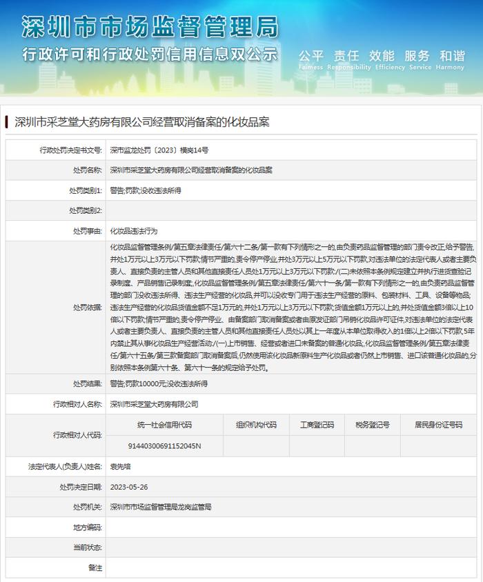 深圳市采芝堂大药房有限公司经营取消备案的化妆品案
