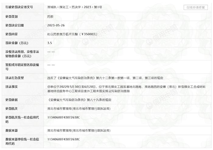 室外工程未落实扬尘污染防治措施  淮北市天元建设工程有限公司被罚