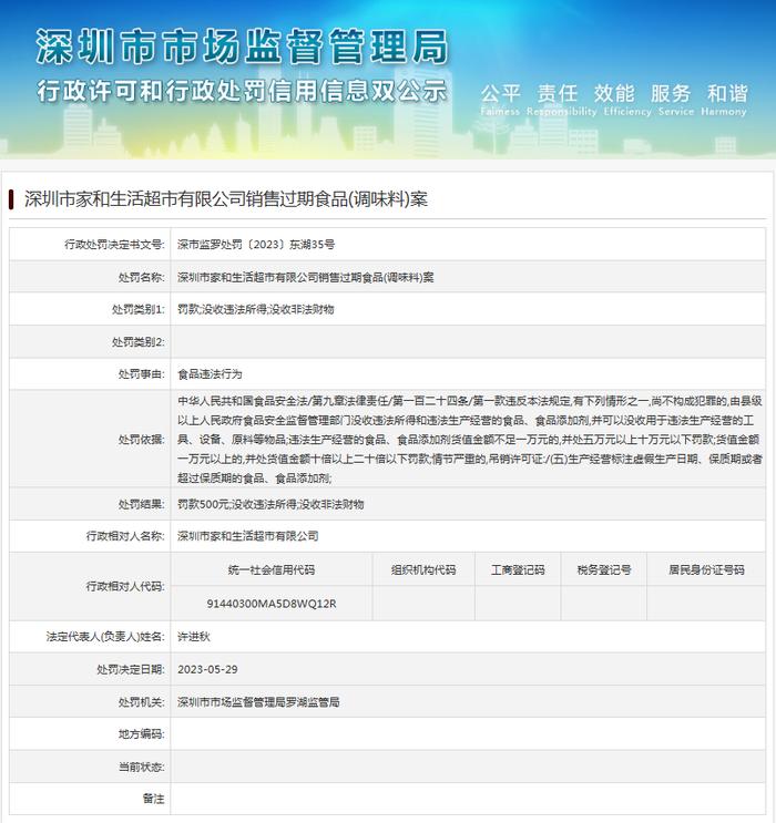 销售过期食品（调味料）  深圳市家和生活超市有限公司被罚